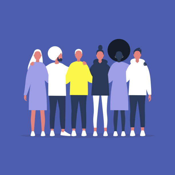 A diverse group of friends embracing each other, support and help, community gathering A diverse group of friends embracing each other, support and help, community gathering ethnicity stock illustrations