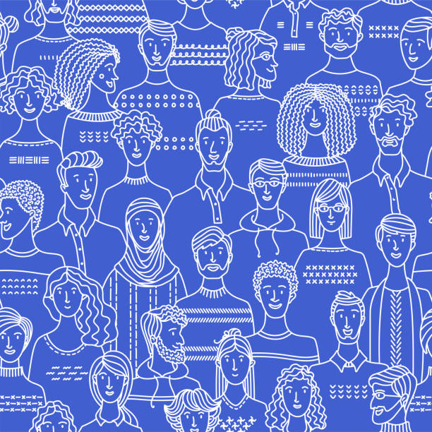 Diverse group of men and women standing together Diverse group of men and women standing together. Social community. Diverse people group. Textile, fabric, wrapping paper, wallpaper duotone vector design office patterns stock illustrations