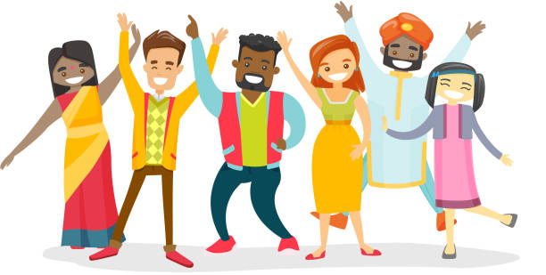 ilustrações de stock, clip art, desenhos animados e ícones de diverse group of multicultural happy smiling people - dancer white man on white