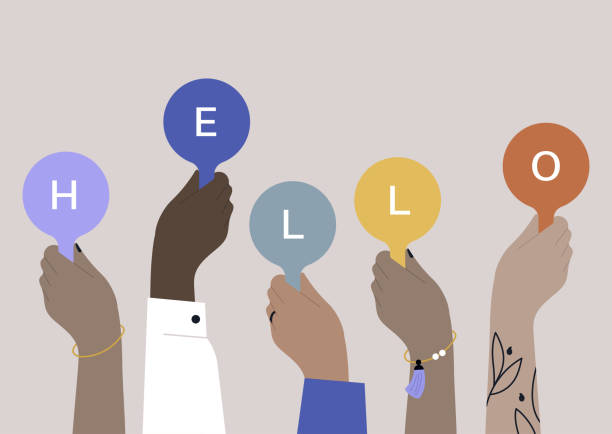 A diverse group of people holding a hello sign, an international community of friends vector art illustration