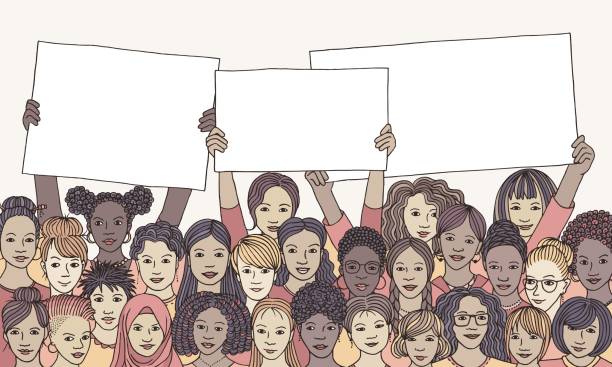 Diverse group of women holding empty signs vector art illustration