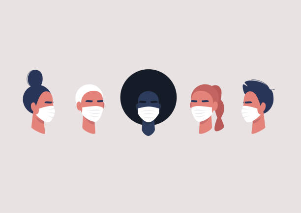 zróżnicowana grupa młodych ludzi zebrała się razem w maskach na twarz, kwarantannie i oddalania społecznego, ochronie koronawirusów - covid variant stock illustrations