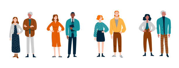 Diverse group of young people in pairs. Diverse group of young people in pairs. older woman stock illustrations