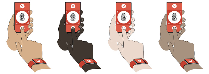 Diverse hands failing to scan a fingerprint on a smartphone