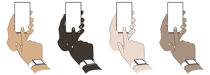 Diverse hands holding a smartphone and touching the screen while wearing a smart watch