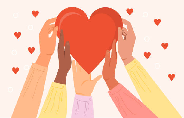 Diverse hands holding heart symbol, sharing love, Diverse hands holding heart symbol, sharing love, helping others, charity and donation supported by global community. Flat abstract metaphor cartoon vector concept design isolated on white background. sharing stock illustrations