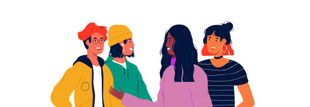ilustrações, clipart, desenhos animados e ícones de conceito adolescente feliz diverso do retrato do grupo dos povos - jovem