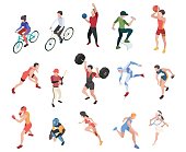 Diverse isometric sport characters. Runner, tennis player, basketball sportsmen. People ride bike, baseball play vector collection. Isometric people sport, isometry man and woman illustration