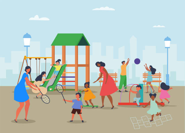 Diverse mothers with children at a playground Diverse mothers with group of children at a playground engaged in various activities with cityscape backdrop, colored vector illustration family outdoors stock illustrations