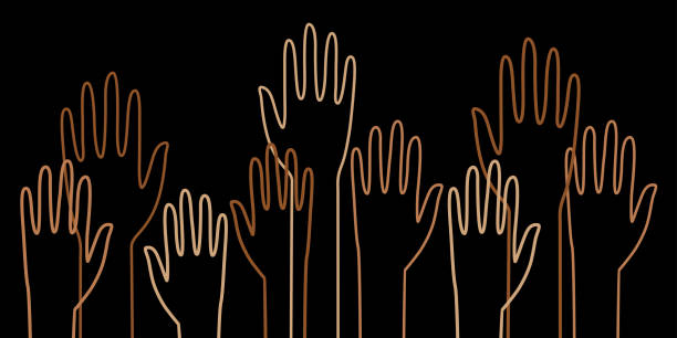 Diverse Outline Raised Hands Vector illustration of diverse outlined hands on a black background. community stock illustrations