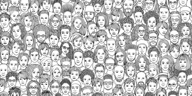 Diverse people banner Diverse crowd of people - seamless banner of 100 different hand drawn faces of various ethnicities avatar backgrounds stock illustrations