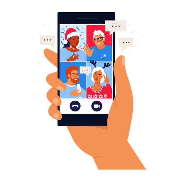 ilustrações de stock, clip art, desenhos animados e ícones de diverse people dancing and chatting on the online video conference house party. friends meeting up online. party from home via videocall. - smartphone christmas
