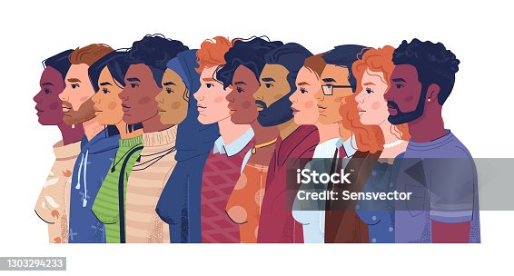 istock Diverse people, multiracial, multicultural crowd of men and women, side view portraits. Vector multi-ethnic group, concept of equality and togetherness. Wellness, independence and freedom, stop racism 1303294233