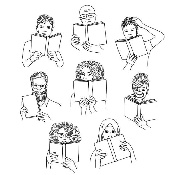 Diverse people reading books Hand drawn isolated diverse people reading books, black and white line drawing book drawings stock illustrations