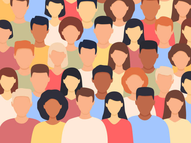 Diverse people standing together. Diverse people standing together. Multicultural group of people background (europian, asian, american). Show TV concept. Human social diversity crowd. Vector illustration. crowd of people stock illustrations