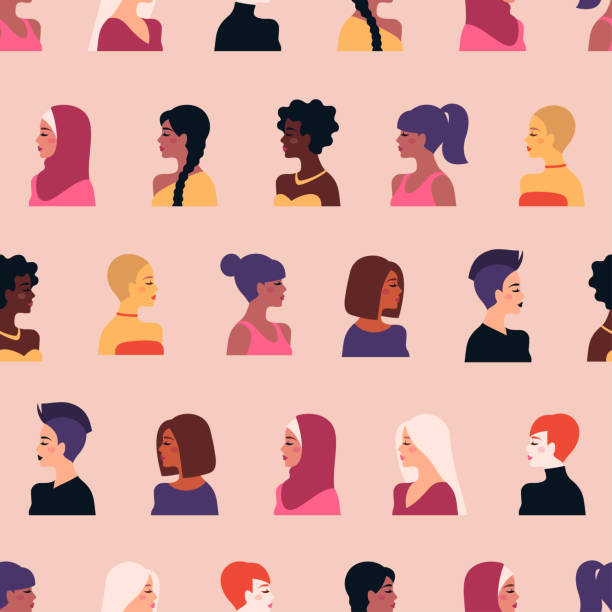 Diverse woman characters pattern vector art illustration