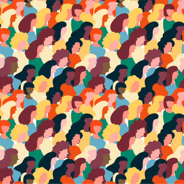 Diverse woman crowd pattern for women's day International Womens Day seamless pattern of diverse women faces. Colorful girl group background for equal rights march, feminist protest event or diversity concept. women designs stock illustrations
