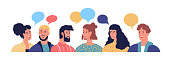 Happy young people talking with colorful chat bubbles. Diverse men and women in flat cartoon style isolated chatting for communication concept or community meeting.