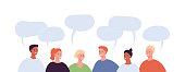 Diversity community concept. Vector flat people illustration. Crowd of man and woman diverse multiethnic people chat. Talk bubble sign. Contemporary style. Design element for banner, web infographic.