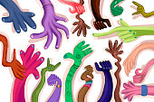 Illustrated poster with funny hands of different colors on white background