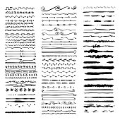 Vector illustration of a big collection of dividers and banners in an ink style drawing. Cut out design elements for a wide array of design projects, ideas and concepts. Black and white silhouettes.