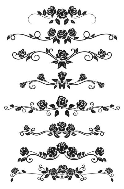 Dividers and frame border lines with black roses Dividers and frame border lines vector design with black rose flowers. Floral ornament and ornate pattern of rose vine swirls, blossom, buds and leaves, vintage vignette and calligraphy elements embellishment stock illustrations
