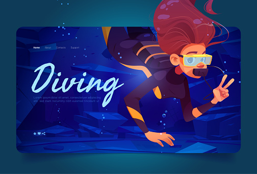 Diving banner with woman scuba diver underwater