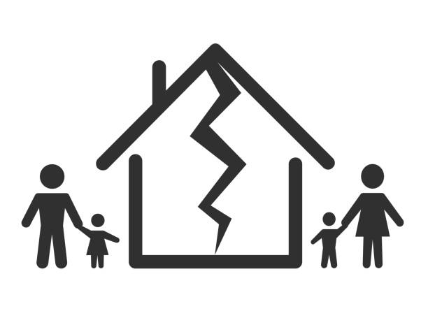 Division of property at divorce. A divorced couple and kids, children with the symbol of the house. Marriage problems icon Division of property at divorce. A divorced couple and kids, children with the symbol of the house. Marriage problems vector concept divorce icons stock illustrations