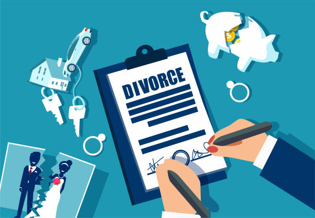 Divorce and property divison concept. Divorce and property divison concept. Vector with piggy bank, house, car and marriage photograph divided in half divorce stock illustrations