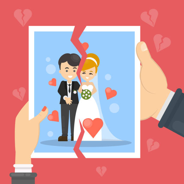 Divorce concept illustration. Divorce concept illustration. Woman and man tear marriage photo. divorce designs stock illustrations
