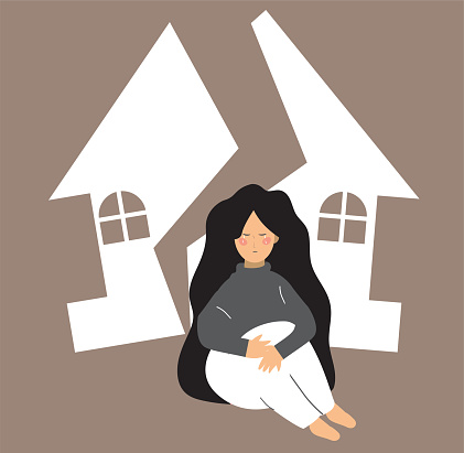 Divorce consequences on children. Poor sad orphan girl. homeless and domestic abuse concept. daughter without home. young child crying and sitting in front of her house. Flat vector illustration.