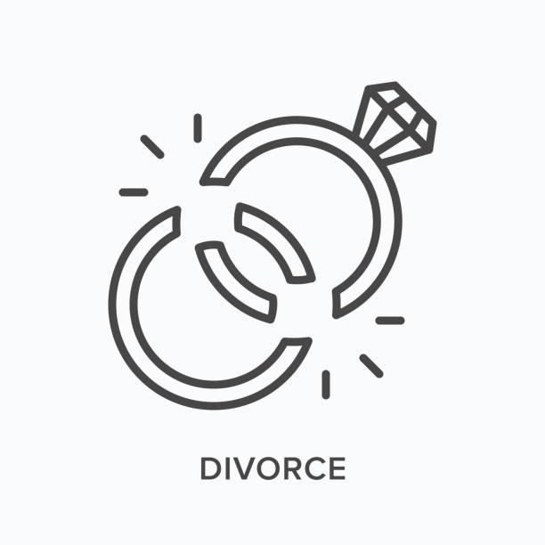 Divorce flat line icon. Vector outline illustration of two broken rings. Black thin linear pictogram for marriage break Divorce flat line icon. Vector outline illustration of two broken rings. Black thin linear pictogram for marriage break. divorce stock illustrations