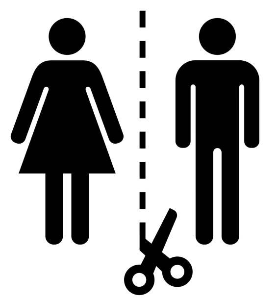 Divorce icon Vector icon of scissors on cutting line between woman and man divorce symbols stock illustrations