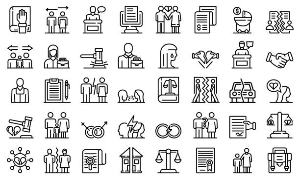 Divorce icons set, outline style Divorce icons set. Outline set of divorce vector icons for web design isolated on white background divorce symbols stock illustrations