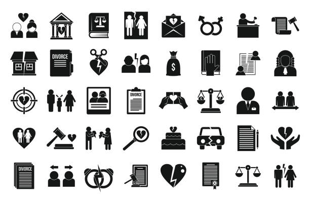 Divorce icons set, simple style Divorce icons set. Simple set of divorce vector icons for web design on white background divorce symbols stock illustrations
