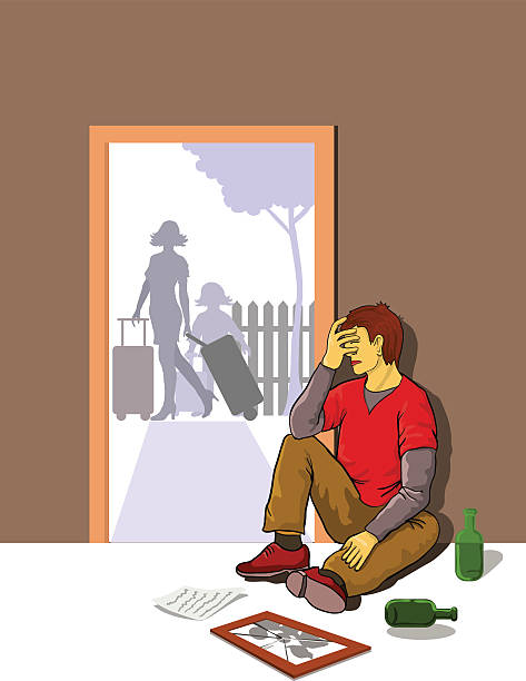 Divorce leaving consequence One man thrown by the wife sits upset on a floor divorce borders stock illustrations