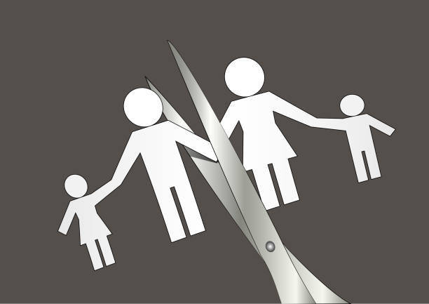divorce, scissors cut paper silhouette of family, horizontal vector illustration divorce, scissors cut paper silhouette of family, horizontal vector illustration divorce silhouettes stock illustrations