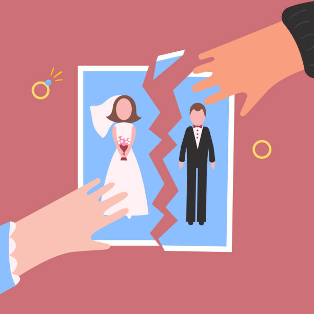 Divorcement. Man and womantear apart wedding photo Divorcement. Man and woman hand tear apart wedding photo. Break up of relationship. End of family life. Diamond engagement rings. Disengagement of young former wife and husband. Divorce concept divorce designs stock illustrations