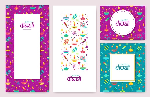 Diwali colorful posters , banners with main holiday symbols.