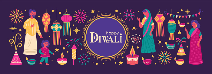 Diwali Hindu festival greeting card design with cute people, candles and lantern. Childish print for card, stickers and party invitations. Vector illustration