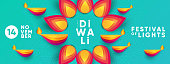 Diwali Hindu festival greeting design in paper cut style with oil lamps and beautiful bright flower of lights. Holiday background for branding greeting card, banner, cover, flyer or poster