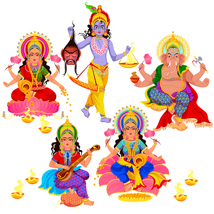 Diwali Indian holiday gods and goddess set