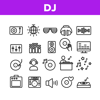 Dj Device Collection Elements Icons Set Vector Thin Line. Dj Equipment And Dynamic, Monitor And Vinyl Record Retro Sound Carrier Plate Concept Linear Pictograms. Monochrome Contour Illustrations