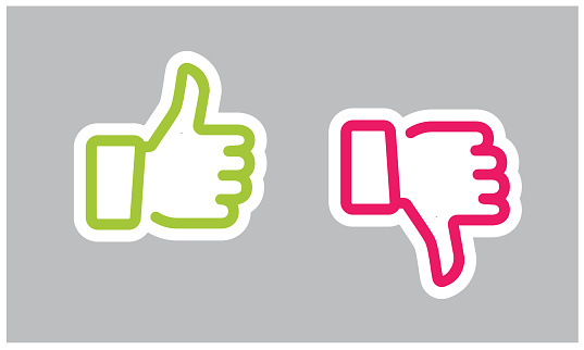 Do and Don't symbols. Thumbs up and thumbs down emblems. Like and dislike icons set, vector, illustration, sticker
