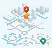 isometric vector street map kit to build your own. the pin points an orange building among grey buildings.