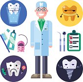 Do not be afraid of dentist! It could be very fun! Happy stomatologist, different medical equipment, toothpaste, toothbrush, different funny teeth. Flat vector stock illustration isolated set.