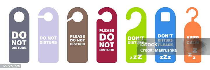 istock Do not disturb tag. Don't disturb banner in hotel. Please do not disturb collection. Hanging label in hotel. Private time message. Warning symbol on door. Colorful privacy tag set. Vector illustration. EPS 10. 1297268724