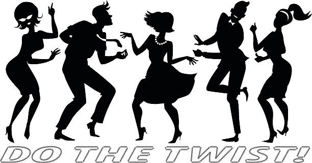 Do the Twist Black vector silhouettes of people dressed in vintage clothes, dancing the Twist, each figure on a separate layer, no white objects, EPS 8 dancing silhouettes stock illustrations