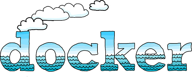 The stylization of “docker” word, as a child's drawing. Concepts: Docker technology, Containers, Kubernetes, Microservices, Software development, DevOps, Cloud computing.