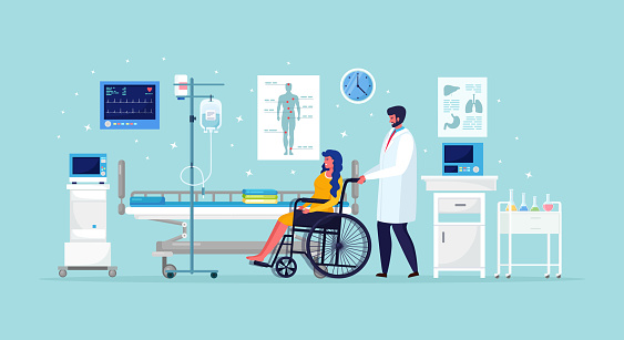 Doctor and disabled patient in medical ward. Woman in wheelchair near hospital bed with dropper intensive therapy. Emergency aid. Vector illustration